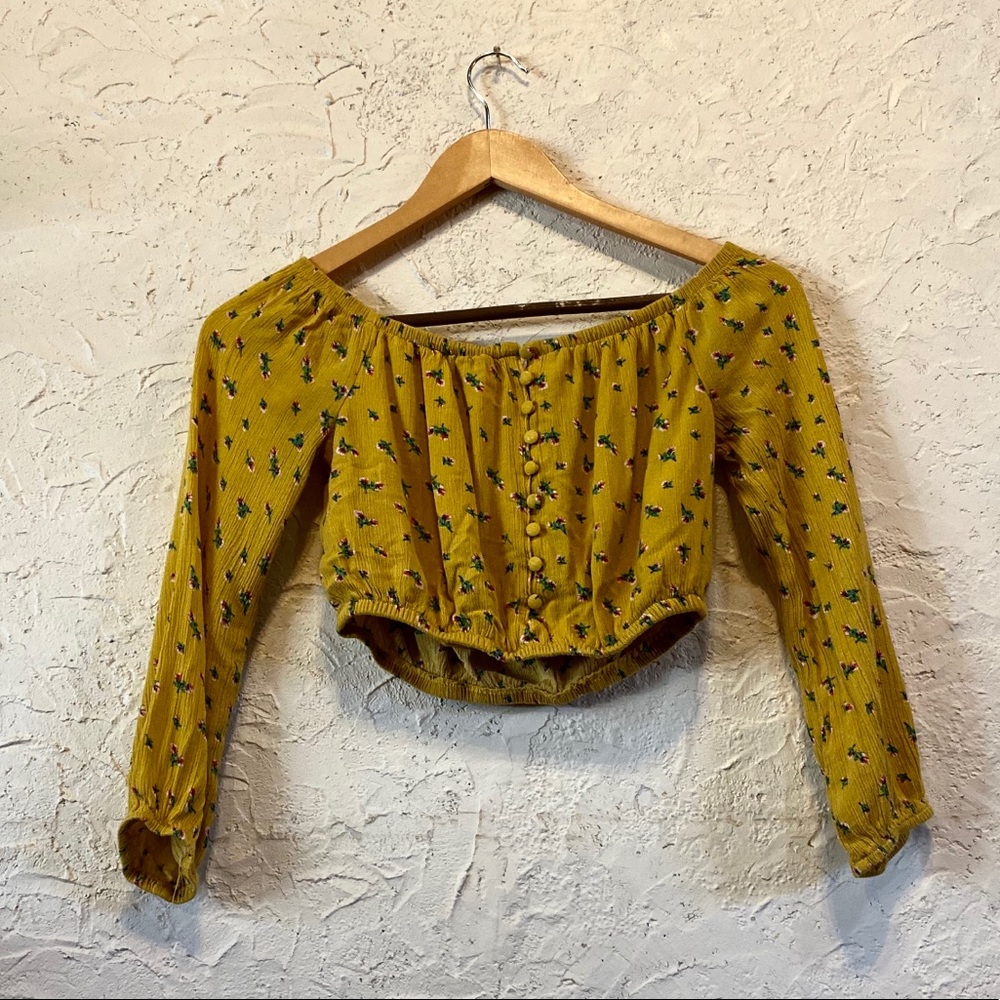 Yellow long sleeve off the shoulder crop top